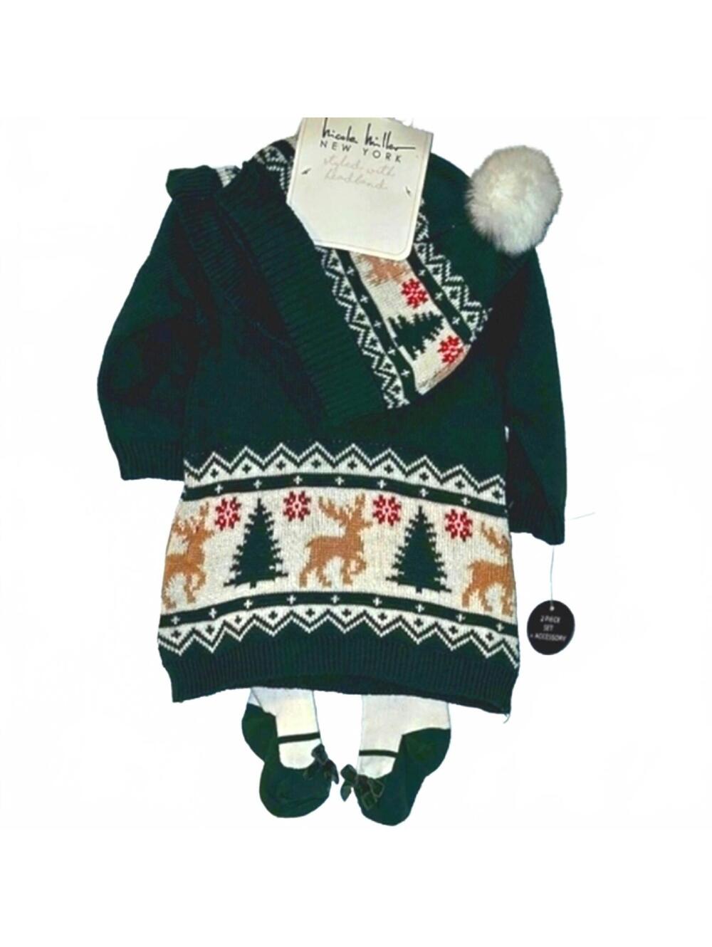 🎇Nicole Miller Green Holiday Sweater Dress Set Hat Tights Size 3-6 Months
